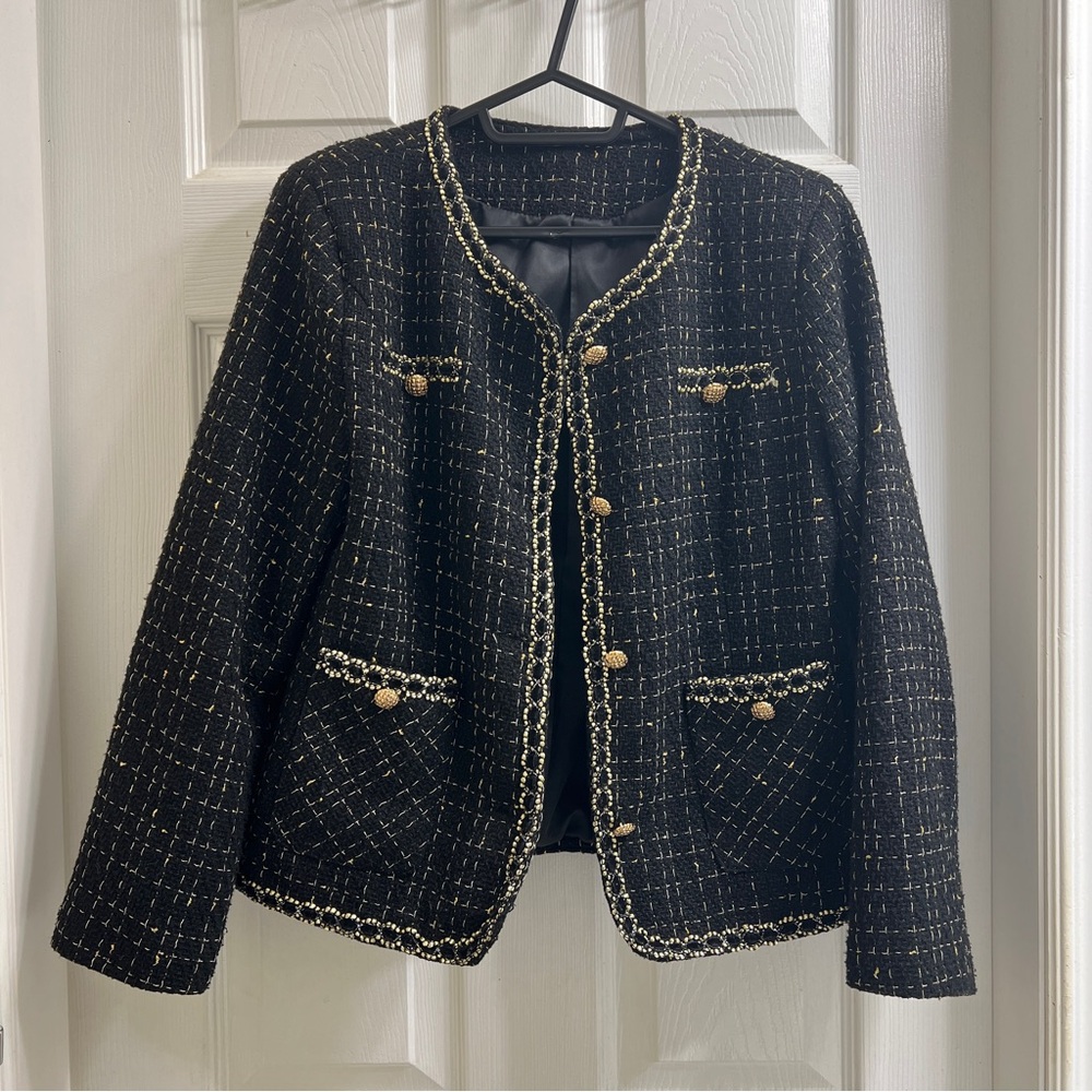 Black Gold Wool Metallic Women's Tweed Button Up Long Sleeve Jacket Blazer